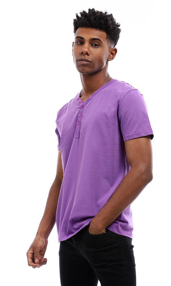 94603 Buttoned V-Neck Cotton T-shirt - Violet - Ravin 