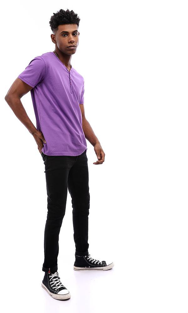 94603 Buttoned V-Neck Cotton T-shirt - Violet - Ravin 