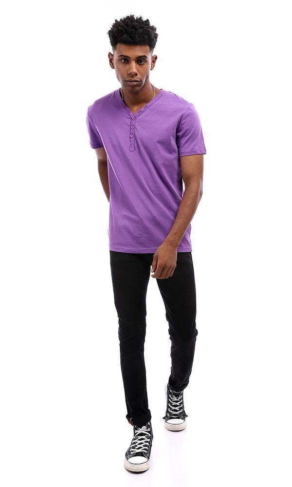 94603 Buttoned V-Neck Cotton T-shirt - Violet - Ravin 