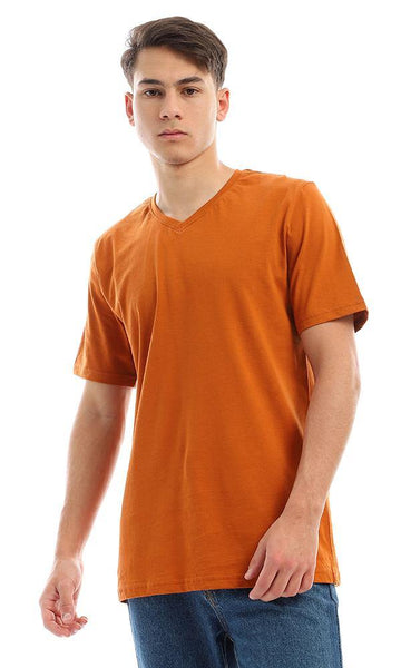 94609 Basic Solid Cinnamon V-Neck Cotton Tee - Ravin 