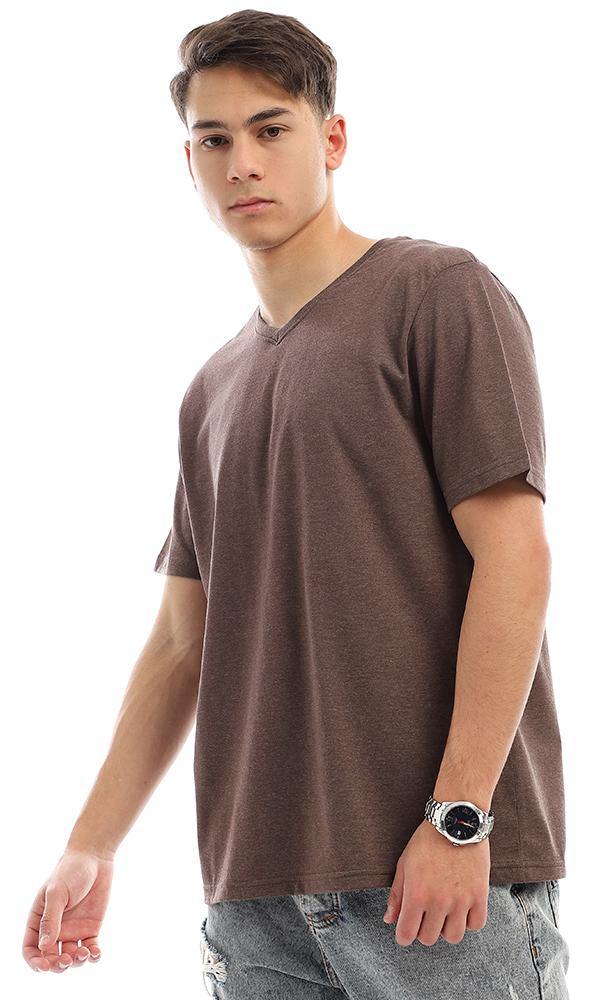 94610 V-Neck Short Sleeves Heather Dark Brown Cotton Tee - Ravin 