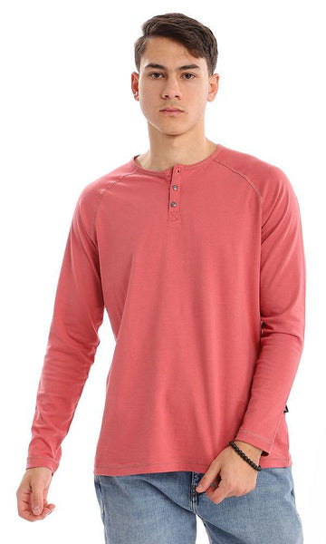 94630 Buttoned Round Neck Basic Plain Dusty Rose Henley Shirt - Ravin 