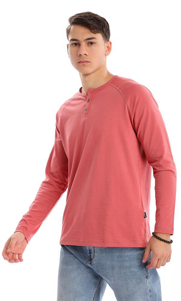 94630 Buttoned Round Neck Basic Plain Dusty Rose Henley Shirt - Ravin 