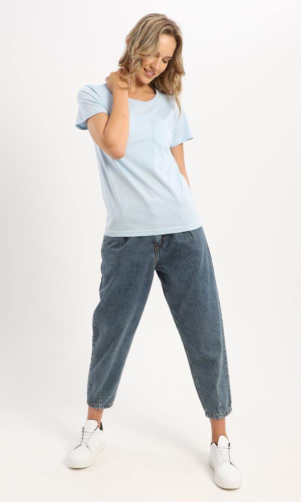 94646 Casual Powder Blue Basic Tee With Patched Pocket - Ravin 