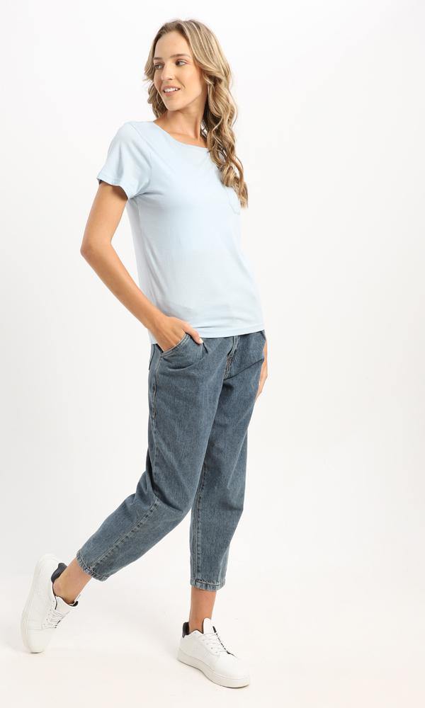 94646 Casual Powder Blue Basic Tee With Patched Pocket - Ravin 