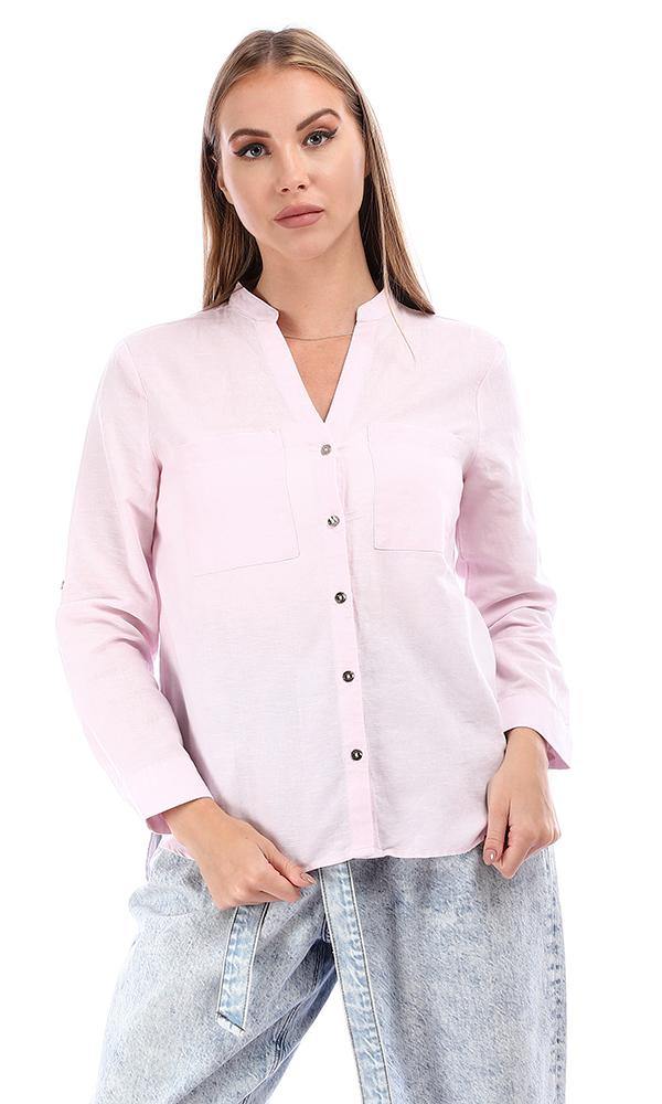 94681 Linen Mandarin Plain Full Sleeves Shirt - Rose - Ravin 