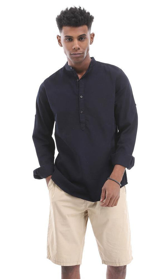 94698 Long Sleeve Mandarin Collar Buttoned Down Blue-Black Shirt - Ravin 