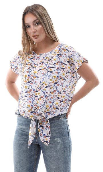 94733 Cap Sleeves Floral Blouse With Front Tie - Blue & Yellow - Ravin 