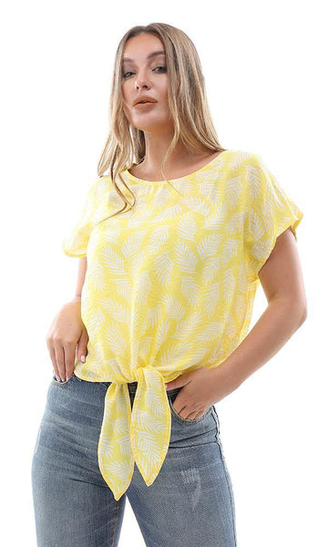 94734 Leaves Pattern Front Tie Yellow Loose Top - Ravin 