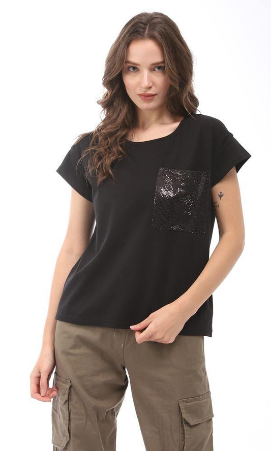 94764 Plain Black T-Shirt With Side Sequins Pockets - Ravin 