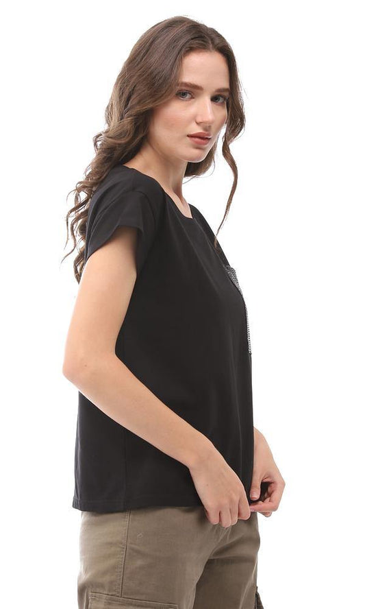 94764 Plain Black T-Shirt With Side Sequins Pockets - Ravin 