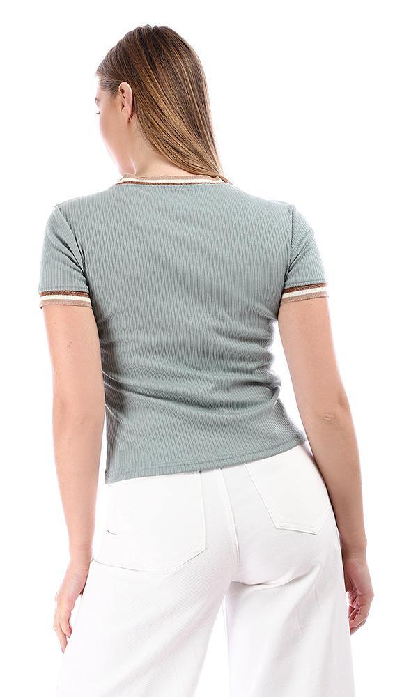 94771 Stripped Round Collar Ribbed Half Sleeves T-Shirt  - Dark Mint - Ravin 