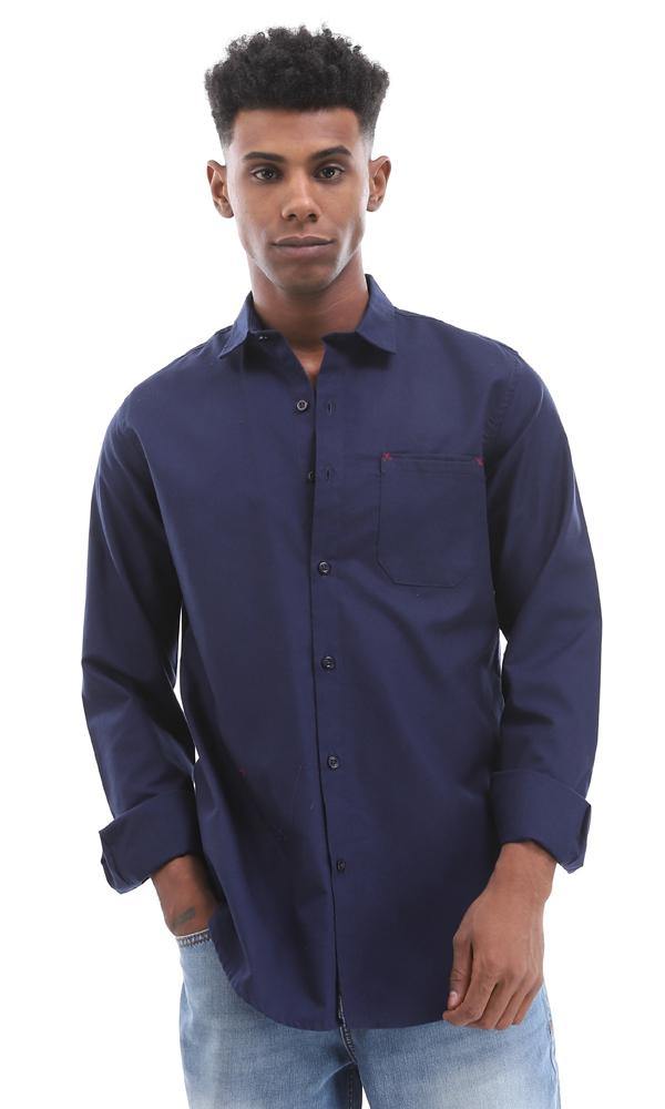 94774 Solid Navy Blue Buttoned Down Shirt With Chest Pocket - Ravin 