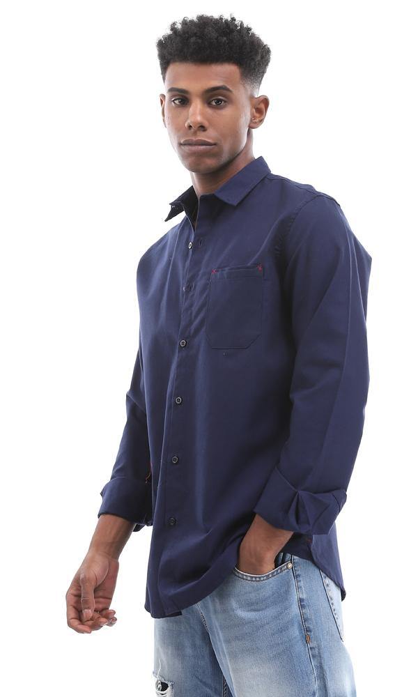 94774 Solid Navy Blue Buttoned Down Shirt With Chest Pocket - Ravin 