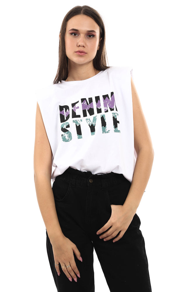 ني شيرت قطن ملون بطباعة "Denim Style" - أبيض