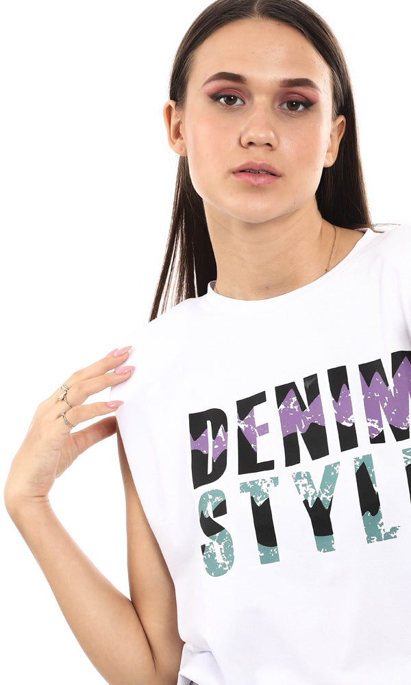 ني شيرت قطن ملون بطباعة "Denim Style" - أبيض