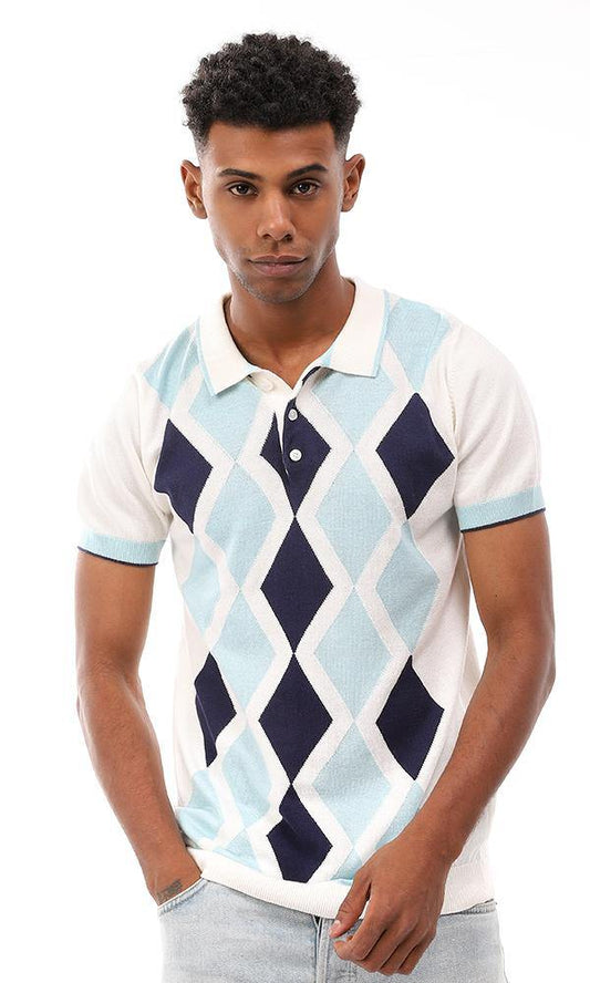 94794 Argyle Classic Collar Trendy Polo Shirt - Off White , Navy Blue & Light Blue - Ravin 