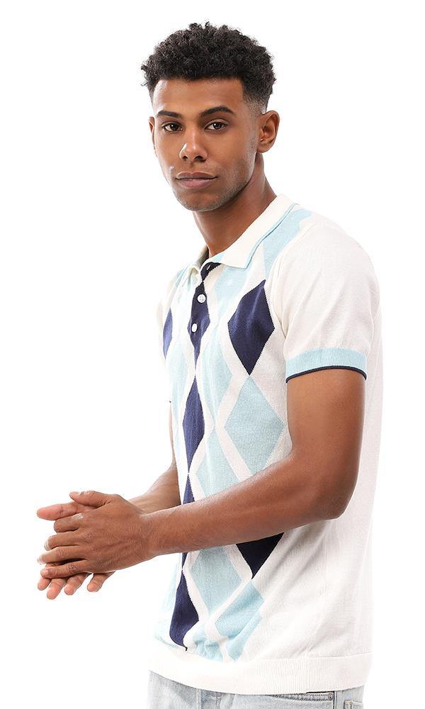 94794 Argyle Classic Collar Trendy Polo Shirt - Off White , Navy Blue & Light Blue - Ravin 