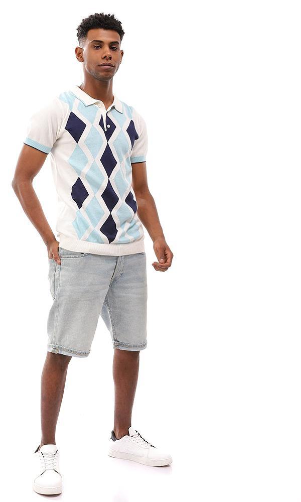 94794 Argyle Classic Collar Trendy Polo Shirt - Off White , Navy Blue & Light Blue - Ravin 