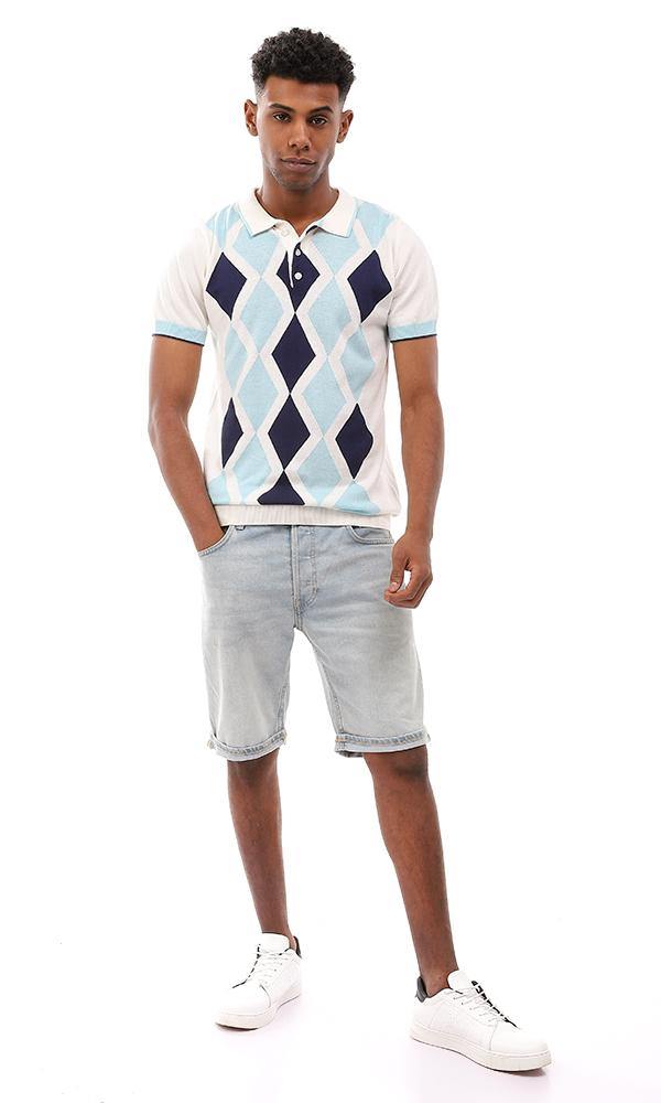 94794 Argyle Classic Collar Trendy Polo Shirt - Off White , Navy Blue & Light Blue - Ravin 