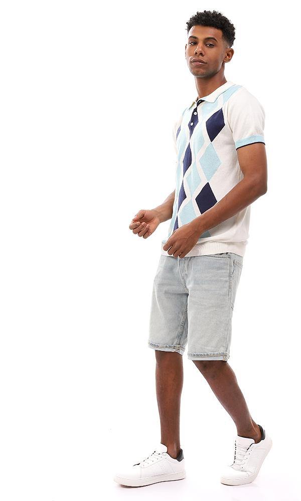 94794 Argyle Classic Collar Trendy Polo Shirt - Off White , Navy Blue & Light Blue - Ravin 