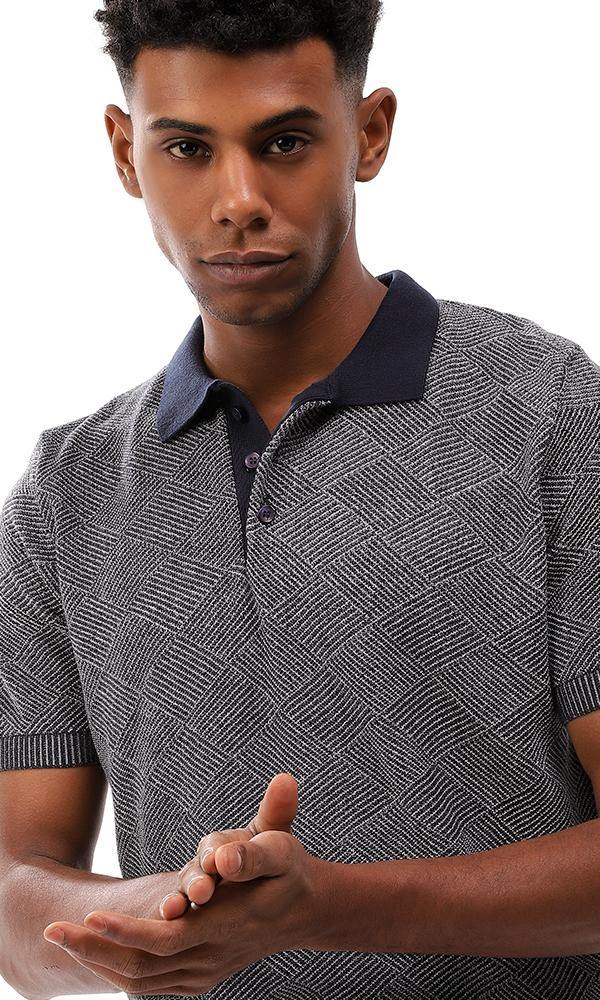 94796 Upper Buttoned Elastic Hem Polo Shirt - Heather Navy Blue & Whit - Ravin 