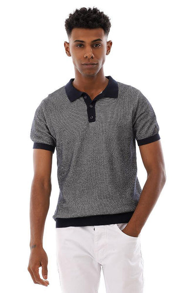 94797 Buttoned Ribbed Trim Polo Shirt - Navy Blue & White - Ravin 