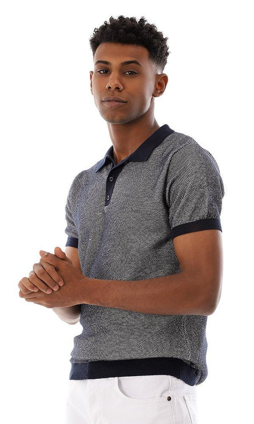 94797 Buttoned Ribbed Trim Polo Shirt - Navy Blue & White - Ravin 