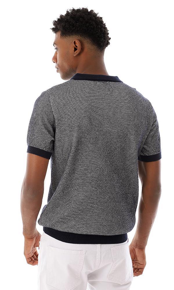 94797 Buttoned Ribbed Trim Polo Shirt - Navy Blue & White - Ravin 