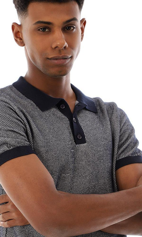 94797 Buttoned Ribbed Trim Polo Shirt - Navy Blue & White - Ravin 