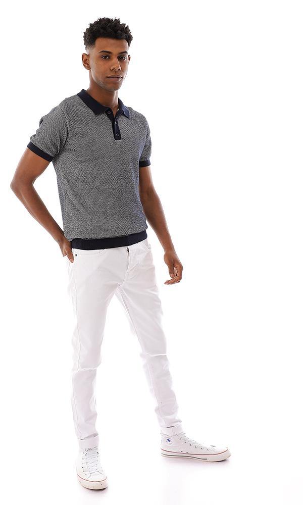 94797 Buttoned Ribbed Trim Polo Shirt - Navy Blue & White - Ravin 