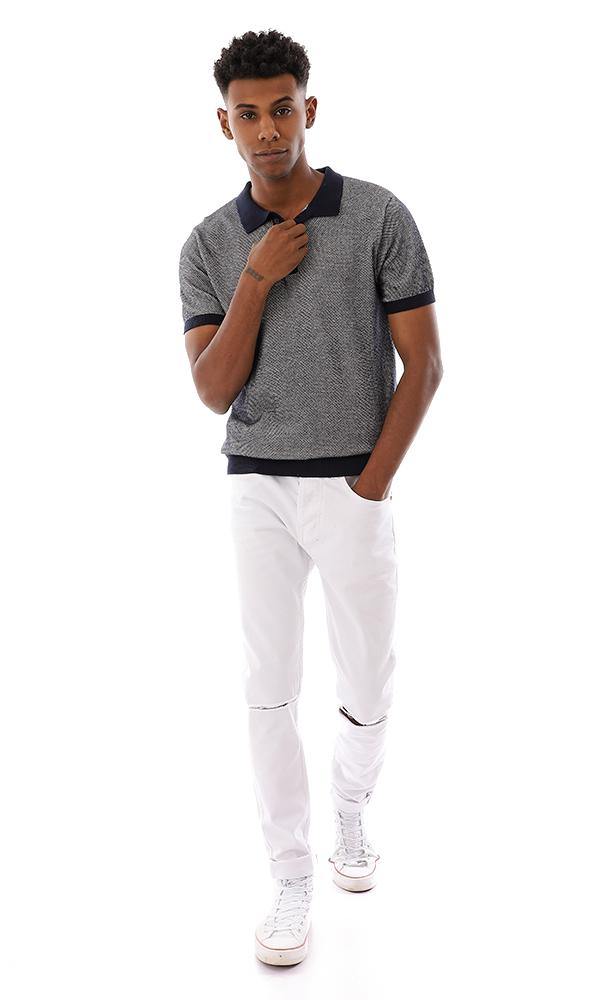 94797 Buttoned Ribbed Trim Polo Shirt - Navy Blue & White - Ravin 