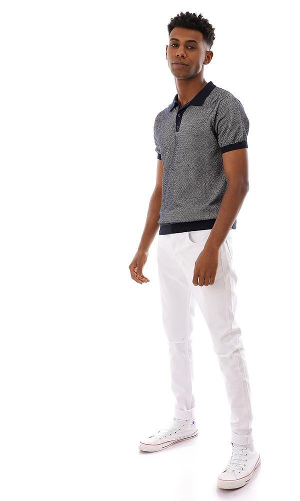 94797 Buttoned Ribbed Trim Polo Shirt - Navy Blue & White - Ravin 