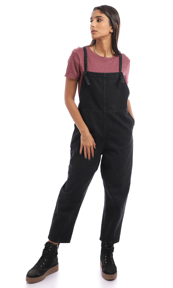 94798 Cotton Slip On Casual Denim Jumpsuit - Black