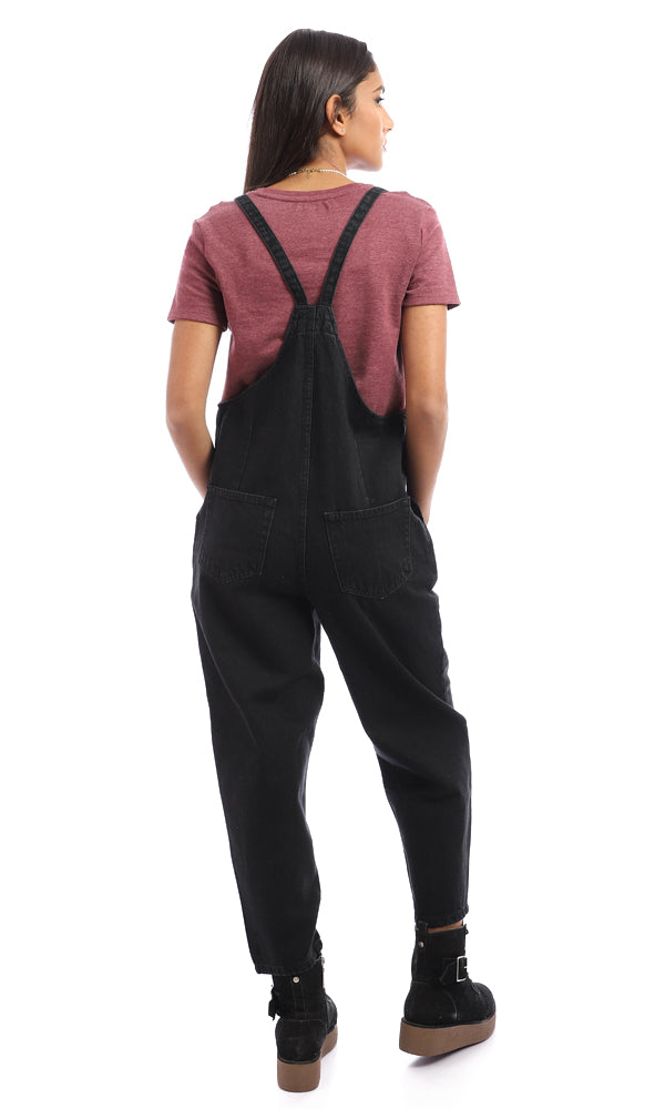 94798 Cotton Slip On Casual Denim Jumpsuit - Black