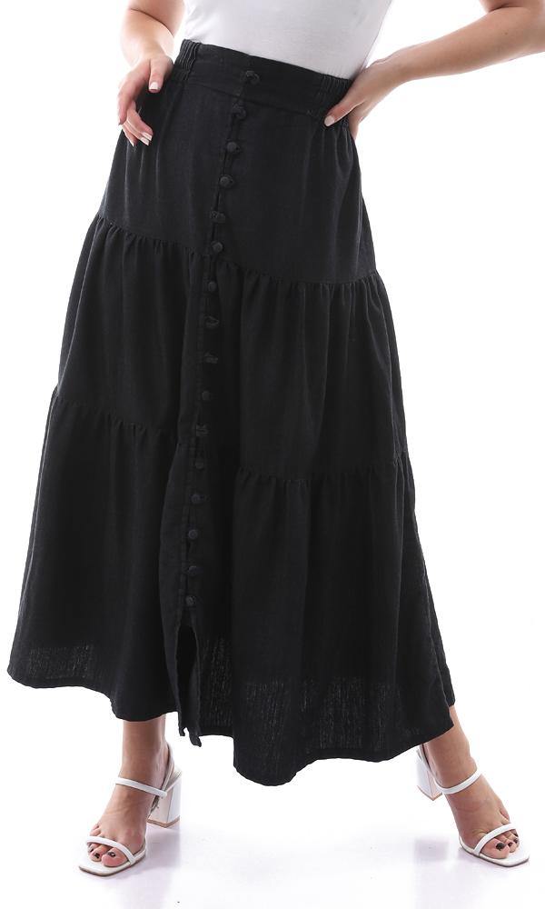 94806 Elastic Waist Black Denim Skirt With Decorative Buttons - Ravin 