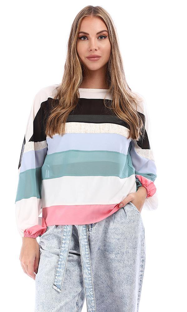 94810 Stripped Color Block Scoop Cole Blouse - White, Black & Sky Blue - Ravin 