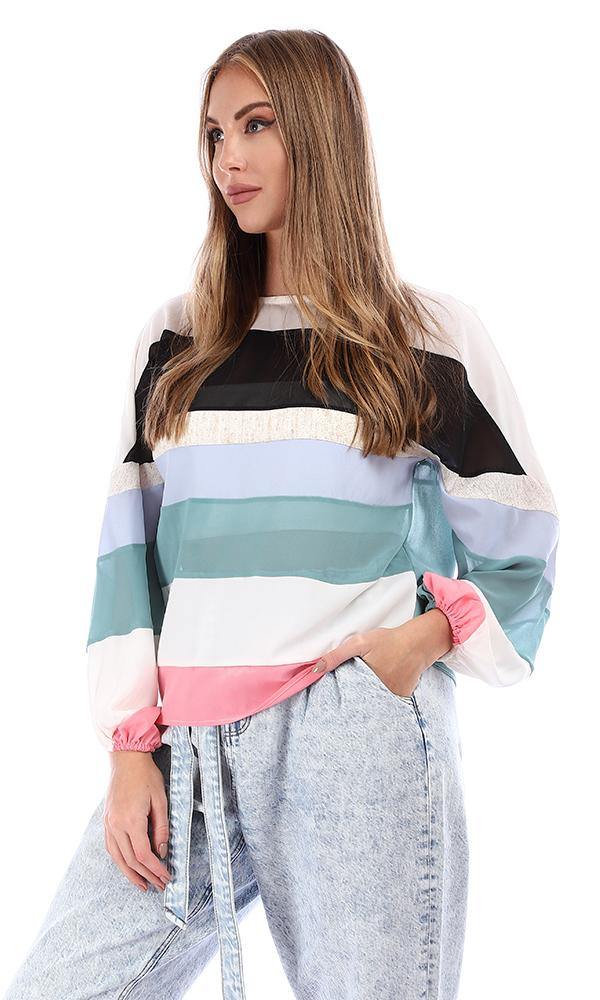 94810 Stripped Color Block Scoop Cole Blouse - White, Black & Sky Blue - Ravin 