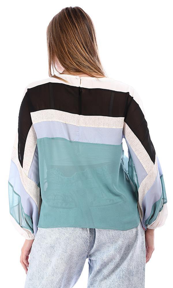 94810 Stripped Color Block Scoop Cole Blouse - White, Black & Sky Blue - Ravin 