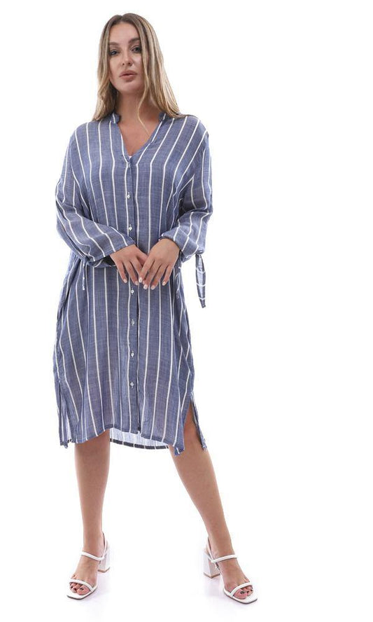 94821 Open V-Neck Lightweight Striped Long Shirt - Navy Blue & White - Ravin 