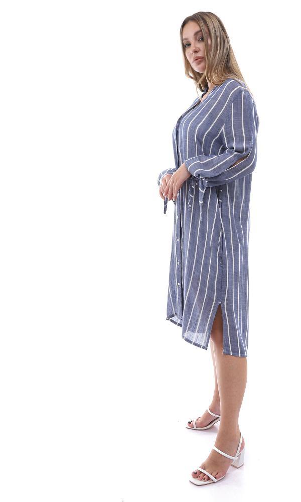 94821 Open V-Neck Lightweight Striped Long Shirt - Navy Blue & White - Ravin 