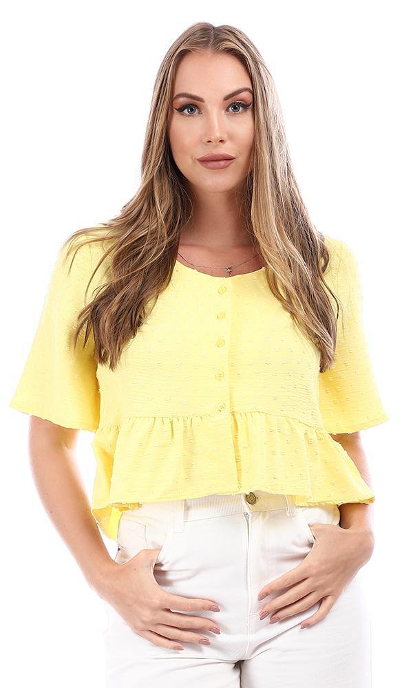 94829 Buttoned Self Pattern Blouse With Ruffled Trim - Yellow - Ravin 