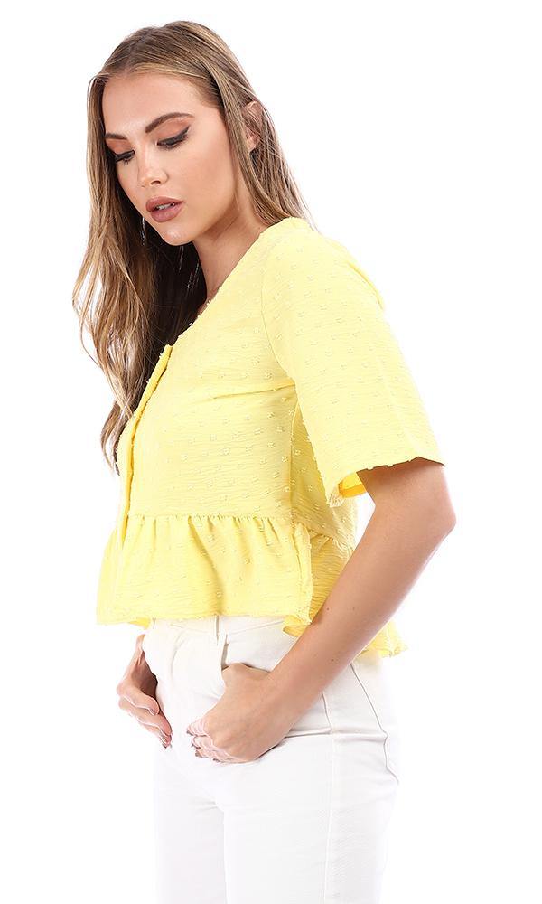 94829 Buttoned Self Pattern Blouse With Ruffled Trim - Yellow - Ravin 