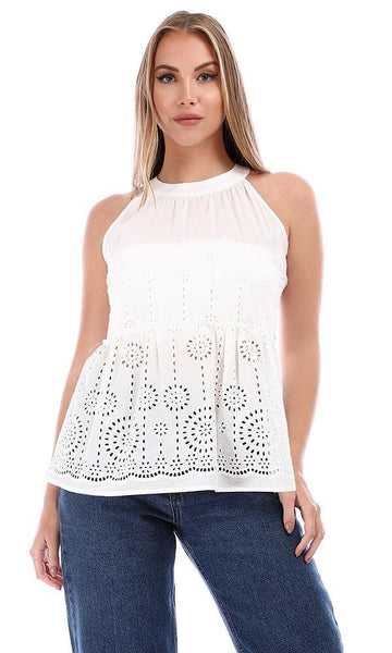 94849 Peplum Perforated White Sleeveless Blouse - Ravin 