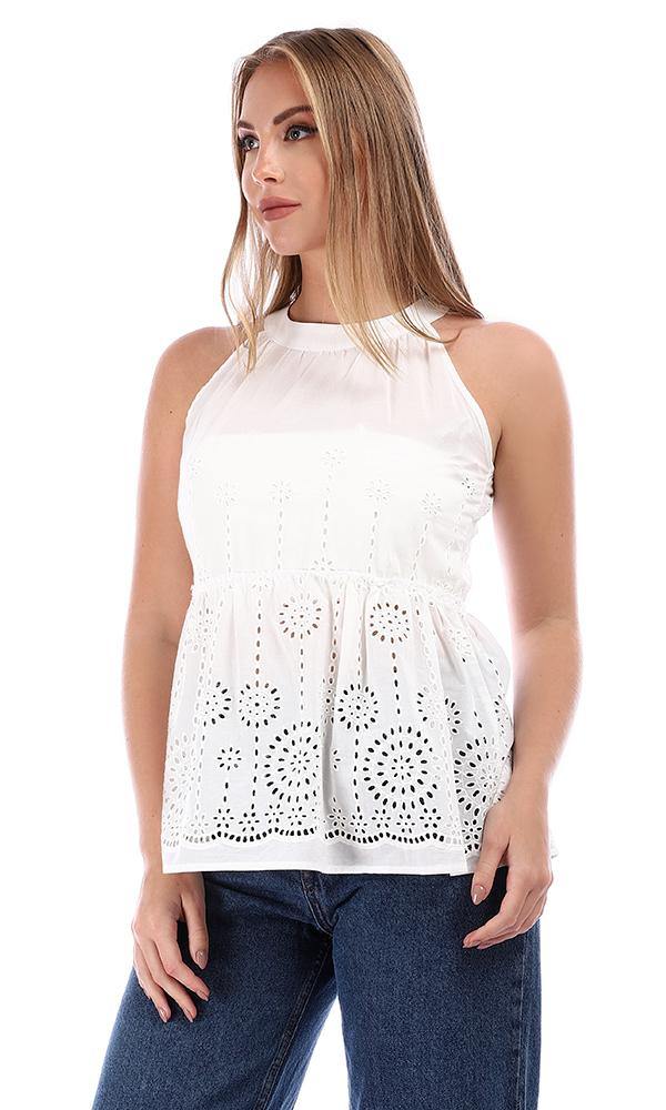 94849 Peplum Perforated White Sleeveless Blouse - Ravin 