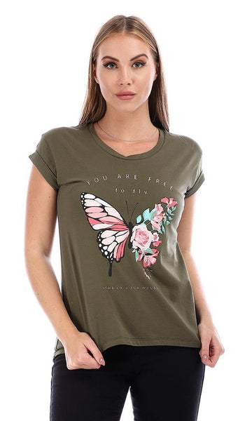 94858 High Low Olive Printed Round Neck T-Shirt - Ravin 