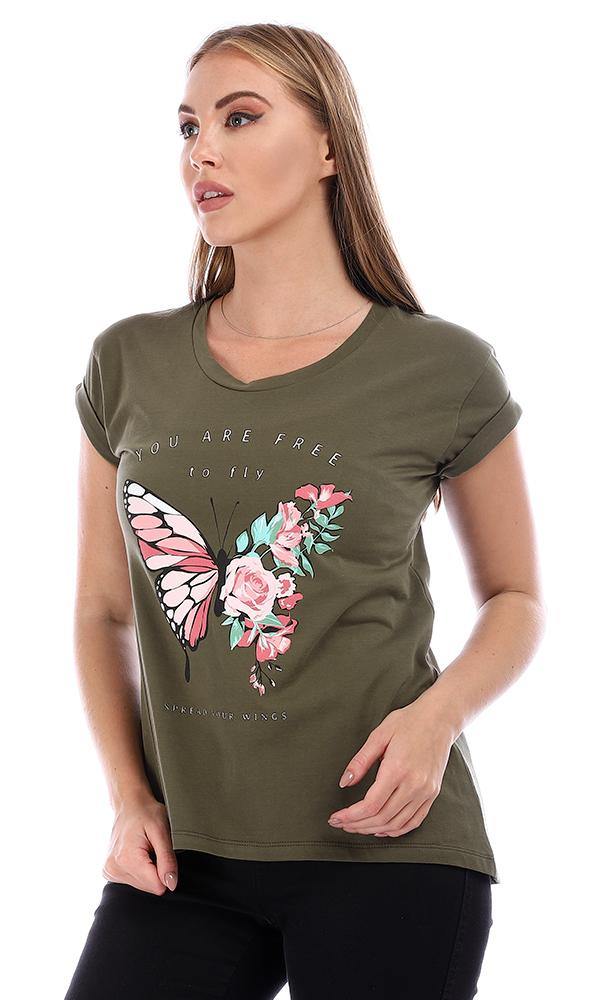 94858 High Low Olive Printed Round Neck T-Shirt - Ravin 