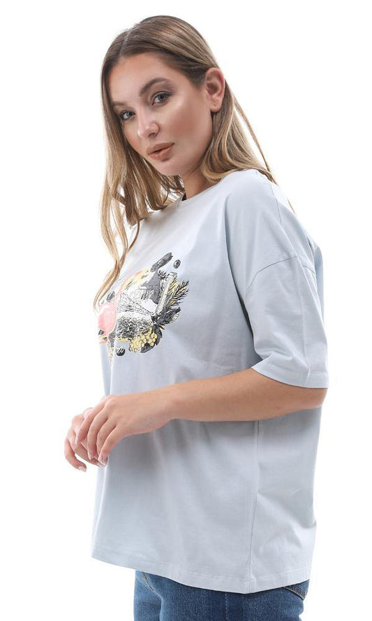 94864 Powder Blue Printed Flamingo Slip On Tee - Ravin 