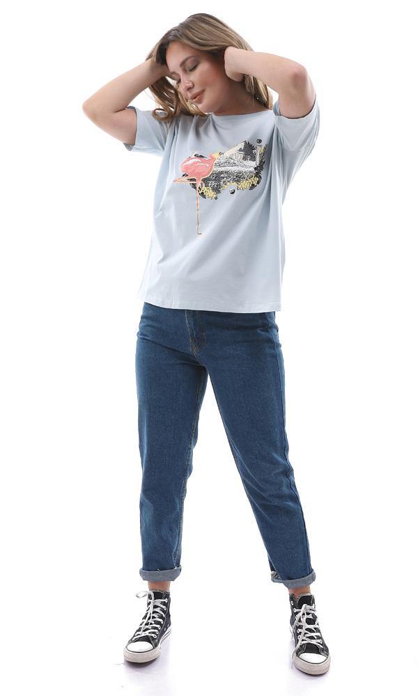 94864 Powder Blue Printed Flamingo Slip On Tee - Ravin 