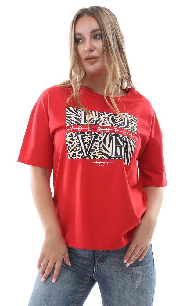 94871 Love Yourself  Printed Loose Fit Red Top - Ravin 